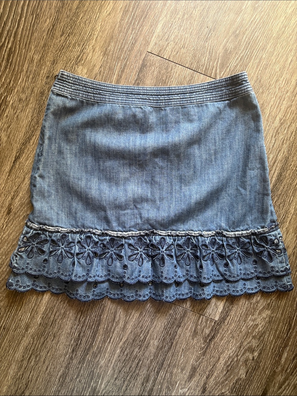 Blue Denim Eyelet Hem Mini Skirt